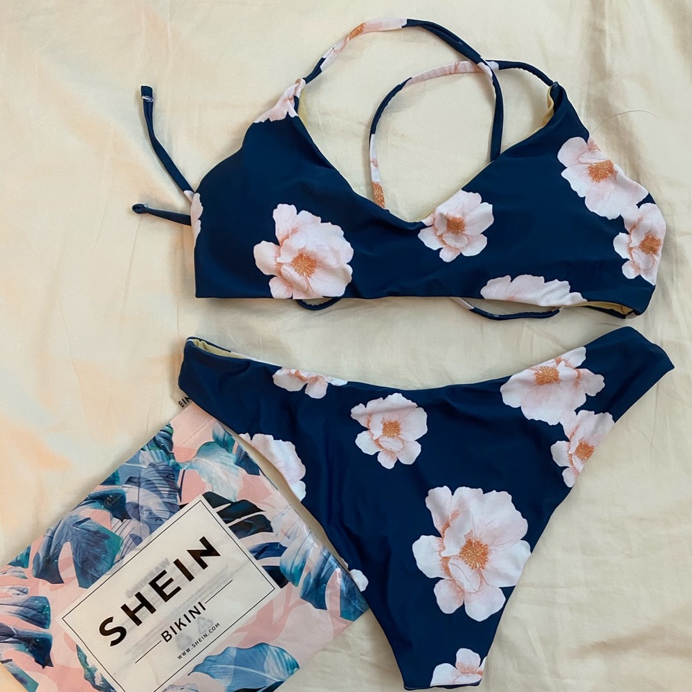 Shein Navy and Peach Floral Swimsuit